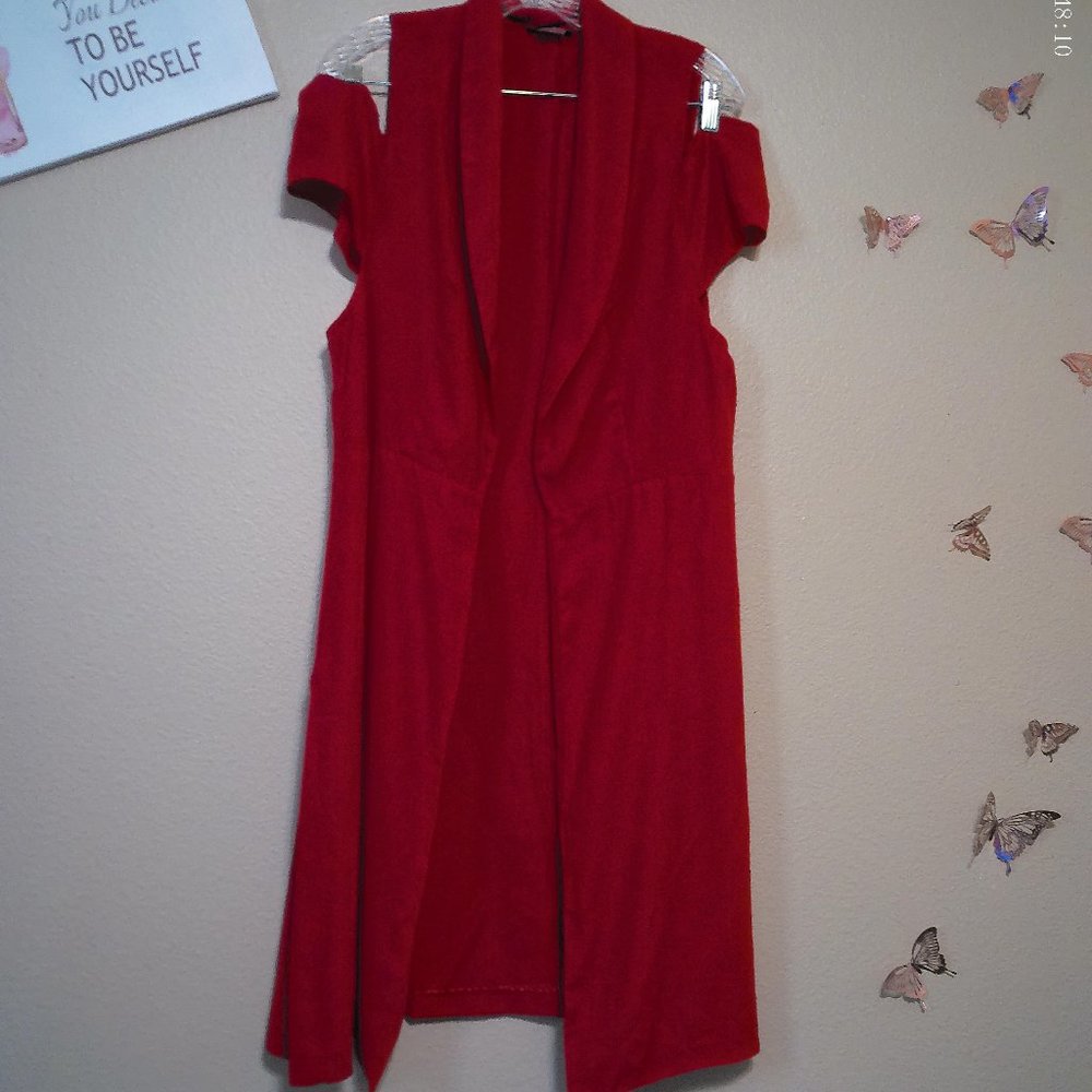 Red Cold Shoulder Open Lapel Front Duster Vest SZ M by Venus